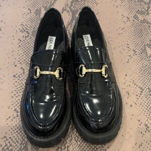 Steve Madden Black Patent Loafers with Gold Horsebit